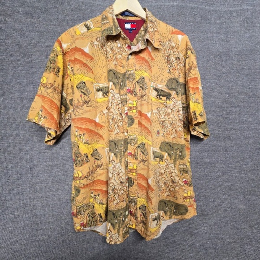 Tommy Hilfiger Mens Large Safari Print Linen Cotton Short Sleeve Button Up Shirt